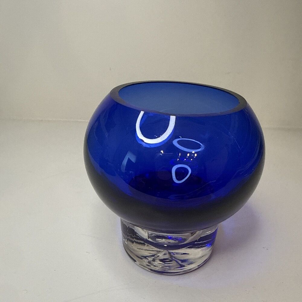 Block Decorative Cobalt Blue Art Glass Vase Bowl Heavy Base 4 1/4"